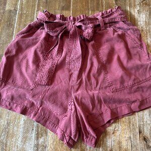 High-Waisted Flowy Red/Rust Colored Paperbag Tie Front Belted Shorts